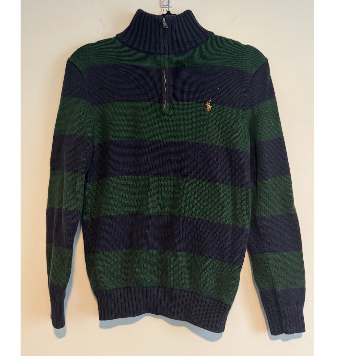 Polo Ralph Lauren Boys L Quarter-Zip Sweater Green Navy Rugby Stripes Cotton